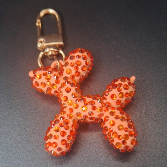 Bedazzled Balloon Dog Keychain, Orange Bling, Purse Charm - Picture 2 of 3